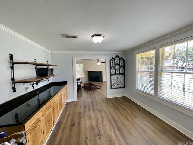 3804 Ridge Rd, North Little Rock, AR 72116 - kitchen with dark countertops, dark wood-type flooring, plenty of natural light, crown molding, and baseboards