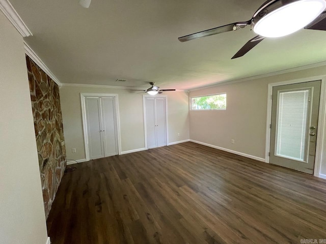 3804 Ridge Rd, North Little Rock, AR 72116 - unfurnished bedroom featuring crown molding, dark wood-style flooring, baseboards, and a ceiling fan