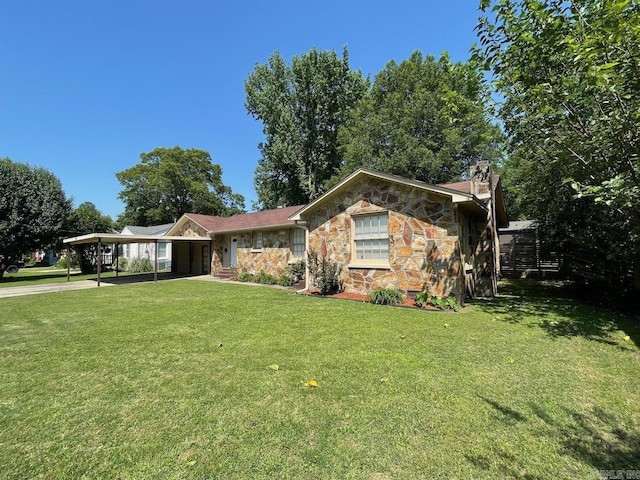3804 Ridge Rd, North Little Rock, AR 72116 - ranch-style house with stone siding, a front lawn, a chimney, and driveway
