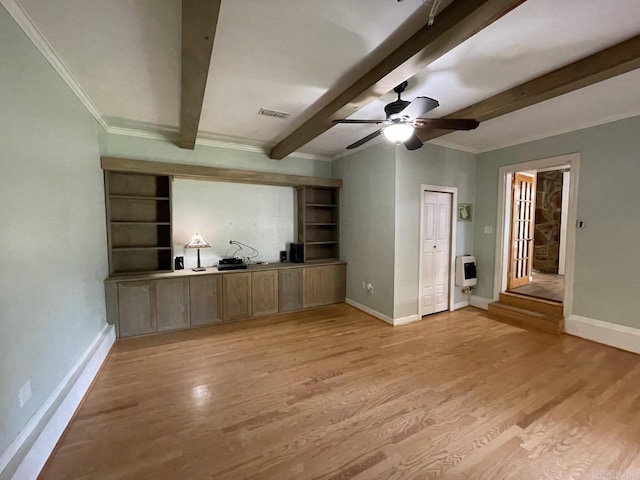 3804 Ridge Rd, North Little Rock, AR 72116 - unfurnished living room featuring heating unit, beamed ceiling, baseboards, light wood finished floors, and a ceiling fan