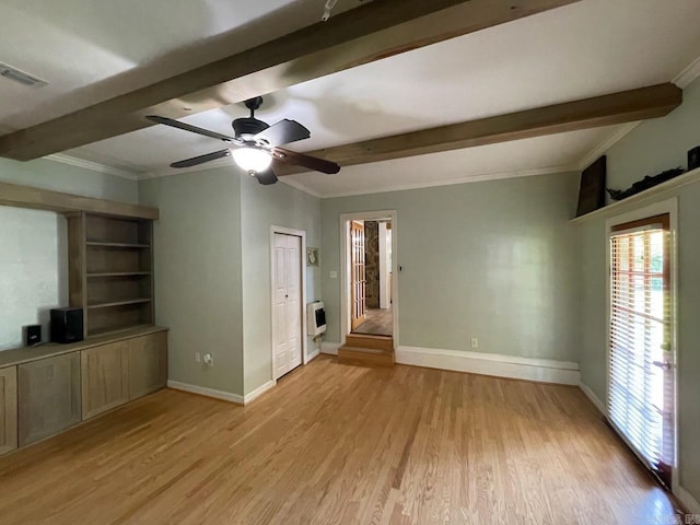 3804 Ridge Rd, North Little Rock, AR 72116 - unfurnished living room with beam ceiling, light wood-style floors, baseboards, ceiling fan, and heating unit