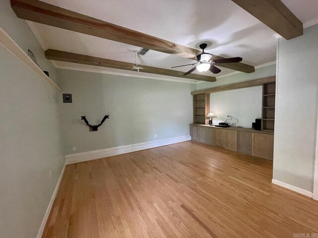 3804 Ridge Rd, North Little Rock, AR 72116 - unfurnished living room with beamed ceiling, light wood-style floors, ceiling fan, baseboards, and crown molding