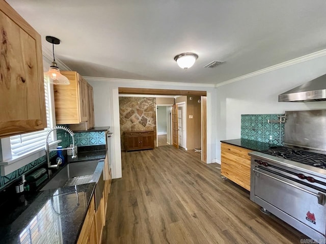 3804 Ridge Rd, North Little Rock, AR 72116 - kitchen with a sink, double oven range, crown molding, wood finished floors, and wall chimney range hood