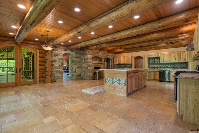 10836 Bray Rd, Elkins, AR 72727 - kitchen with dishwasher, arched walkways, french doors, wooden ceiling with exposed beams, and backsplash