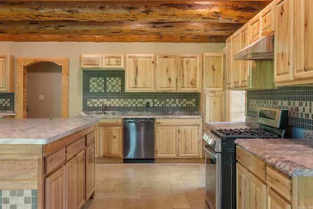 10836 Bray Rd, Elkins, AR 72727 - kitchen featuring appliances with stainless steel finishes, under cabinet range hood, light brown cabinets, backsplash, and light countertops