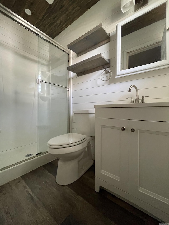 101 Chula Vista Rd, El Dorado Springs, AR 71730 - bathroom featuring wood finished floors, toilet, vanity, a stall shower, and wooden ceiling