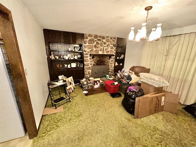 4109 Garrison Rd, Little Rock, AR 72223 - carpeted living area with a chandelier, built in features, a textured ceiling, and a stone fireplace