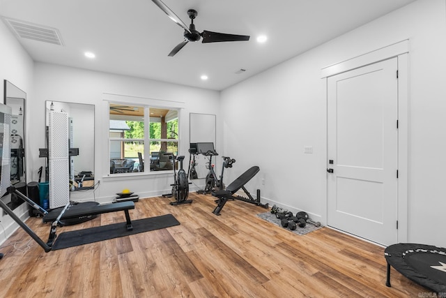 2995 Cresthaven St, Conway, AR 72034 - workout room with a ceiling fan, light wood-style flooring, and recessed lighting