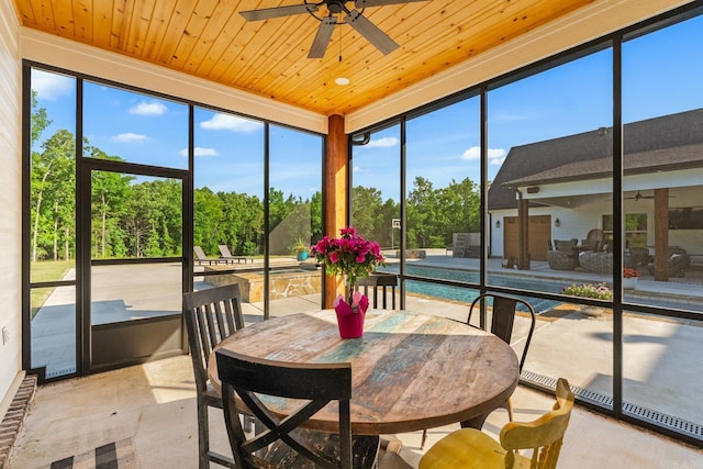 2995 Cresthaven St, Conway, AR 72034 - sunroom / solarium featuring ceiling fan, wood ceiling, and outdoor dining space