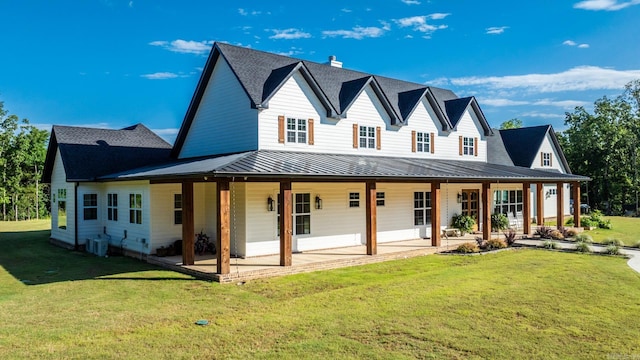 2995 Cresthaven St, Conway, AR 72034 - rear view of property featuring a standing seam roof, metal roof, a lawn, a chimney, and central AC unit