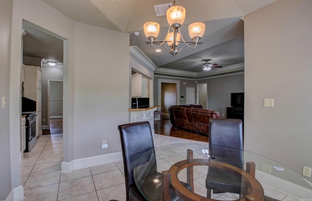 76 Woodridge Dr, Little Rock, AR 72204 - dining room featuring a chandelier, ornamental molding, baseboards, ceiling fan, and a raised ceiling
