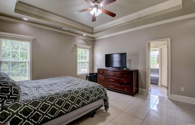 76 Woodridge Dr, Little Rock, AR 72204 - bedroom with a raised ceiling, ornamental molding, light tile patterned floors, baseboards, and ceiling fan