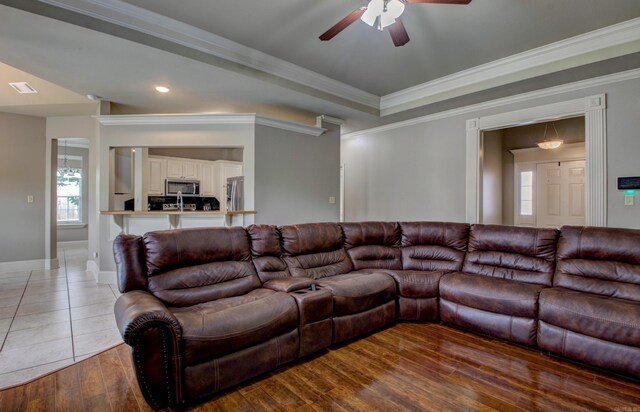 76 Woodridge Dr, Little Rock, AR 72204 - living area with a ceiling fan, healthy amount of natural light, ornamental molding, hardwood / wood-style flooring, and recessed lighting