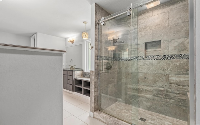 74 Medina Way, Hot Springs Village, AR 71909 - bathroom featuring a shower stall, tile patterned floors, and vanity