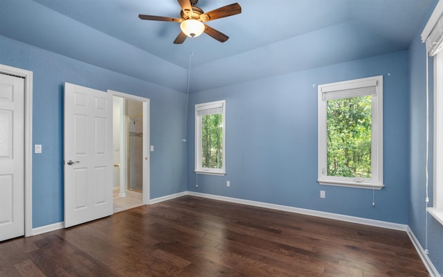 74 Medina Way, Hot Springs Village, AR 71909 - unfurnished bedroom with wood finished floors, baseboards, ceiling fan, and lofted ceiling