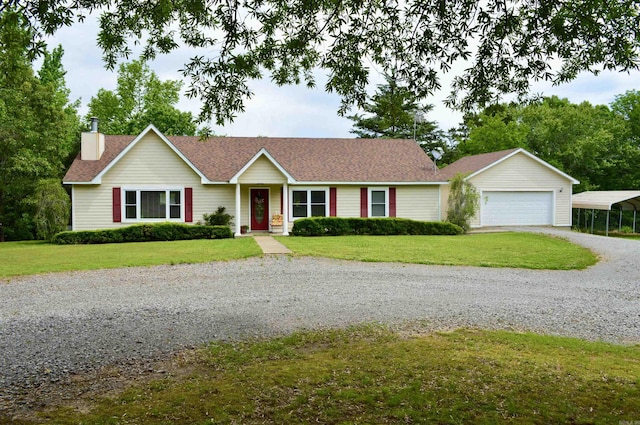 1005 Georgia Ridge Rd, Searcy, AR 72143 - ranch-style house featuring driveway, a front yard, a chimney, a garage, and roof with shingles