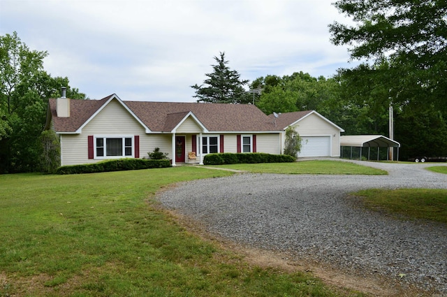 1005 Georgia Ridge Rd, Searcy, AR 72143 - ranch-style house with gravel driveway, a detached carport, a front yard, a chimney, and roof with shingles