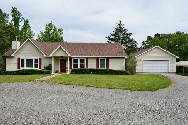 1005 Georgia Ridge Rd, Searcy, AR 72143 - ranch-style home with a garage, a front lawn, a chimney, an outbuilding, and a shingled roof