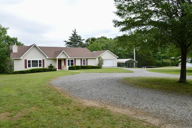 1005 Georgia Ridge Rd, Searcy, AR 72143 - ranch-style home featuring gravel driveway, a garage, a front lawn, and a chimney