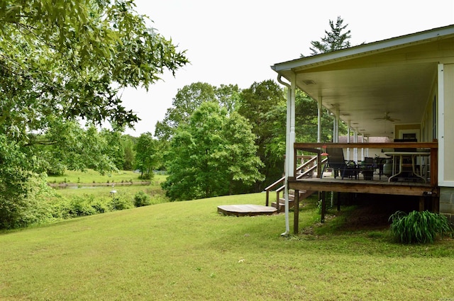 1005 Georgia Ridge Rd, Searcy, AR 72143 - view of green lawn featuring ceiling fan, a wooden deck, and view of wooded area