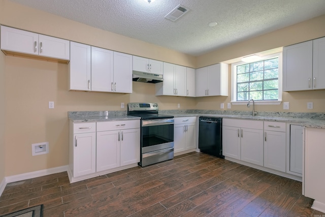 8116 Depriest Rd, Little Rock, AR 72103 - kitchen featuring stainless steel electric stove, dishwasher, under cabinet range hood, dark wood-type flooring, and a sink