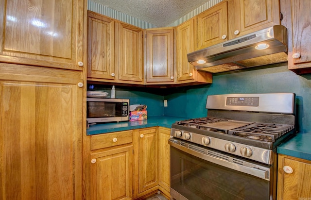 32 Bonnie Park Dr, Pine Bluff, AR 72601 - kitchen featuring stainless steel appliances, under cabinet range hood, a textured ceiling, and dark countertops