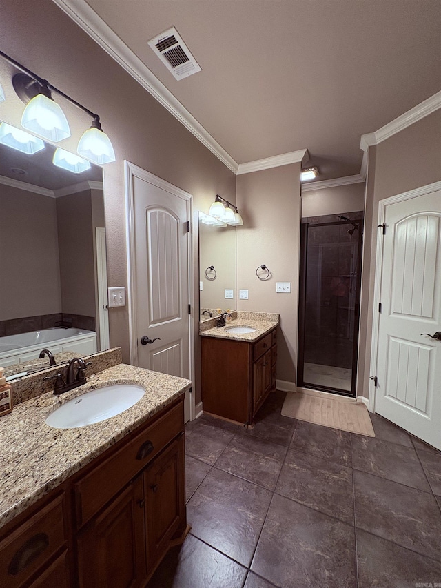 11907 Stonegate, Alexander, AR 72002 - bathroom with a shower stall, two vanities, ornamental molding, a bath, and tile patterned floors