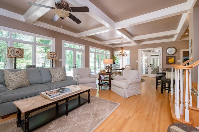 18 Chenal Cir, Little Rock, AR 72223 - living room featuring french doors, coffered ceiling, beam ceiling, light wood finished floors, and healthy amount of natural light