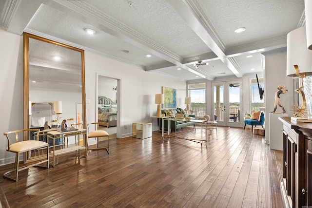 130 Grand Isle Dr Unit 1D, Hot Springs, AR 71913 - living room featuring hardwood / wood-style floors, ornamental molding, french doors, beamed ceiling, and baseboards