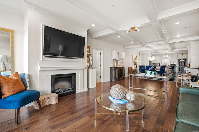 130 Grand Isle Dr Unit 1D, Hot Springs, AR 71913 - living area featuring beam ceiling, coffered ceiling, a fireplace, wood finished floors, and a chandelier