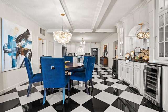 130 Grand Isle Dr Unit 1D, Hot Springs, AR 71913 - dining room with beverage cooler, a chandelier, ornamental molding, and tile patterned floors