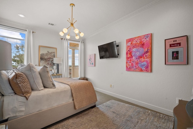 130 Grand Isle Dr Unit 1D, Hot Springs, AR 71913 - bedroom featuring a chandelier, baseboards, ornamental molding, and carpet