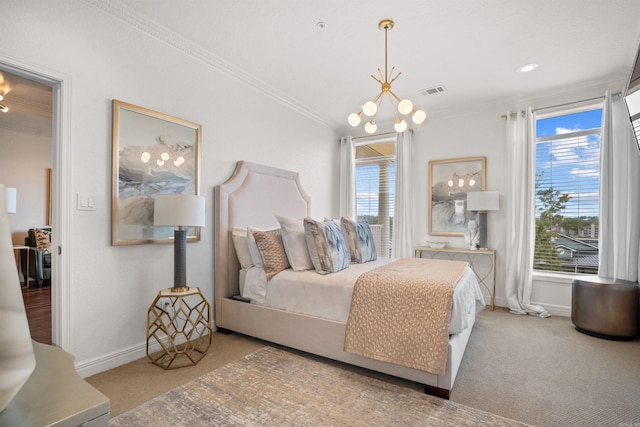 130 Grand Isle Dr Unit 1D, Hot Springs, AR 71913 - carpeted bedroom featuring crown molding, a chandelier, baseboards, and multiple windows