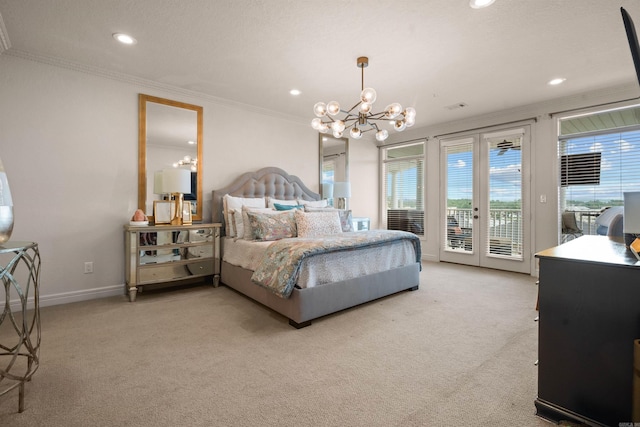 130 Grand Isle Dr Unit 1D, Hot Springs, AR 71913 - carpeted bedroom with a chandelier, access to outside, ornamental molding, recessed lighting, and baseboards