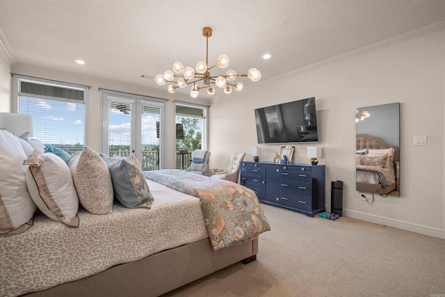 130 Grand Isle Dr Unit 1D, Hot Springs, AR 71913 - bedroom with ornamental molding, a chandelier, light colored carpet, baseboards, and recessed lighting
