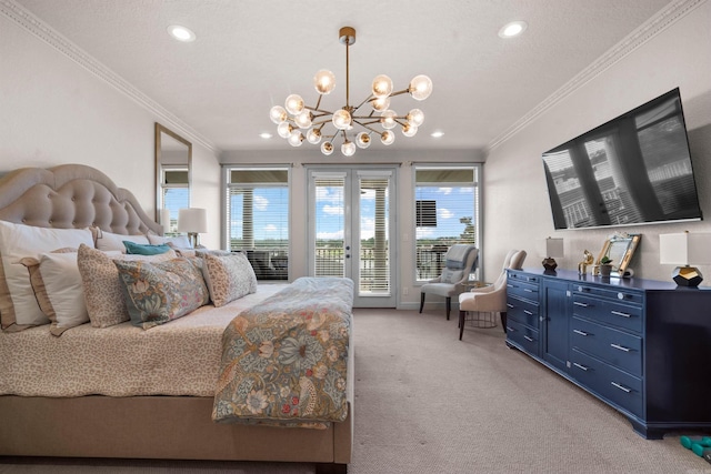 130 Grand Isle Dr Unit 1D, Hot Springs, AR 71913 - bedroom featuring light carpet, access to outside, a chandelier, recessed lighting, and crown molding