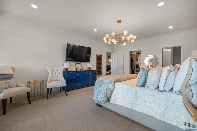 130 Grand Isle Dr Unit 1D, Hot Springs, AR 71913 - bedroom featuring a walk in closet, light colored carpet, a chandelier, ornamental molding, and recessed lighting
