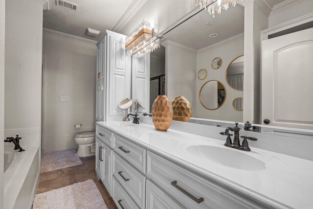 130 Grand Isle Dr Unit 1D, Hot Springs, AR 71913 - bathroom featuring double vanity, toilet, a bath, ornamental molding, and a shower