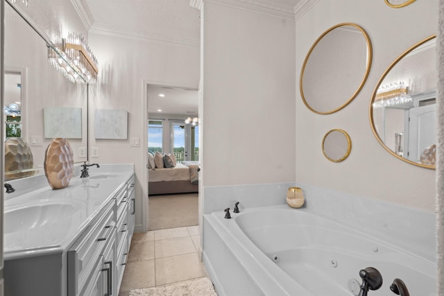 130 Grand Isle Dr Unit 1D, Hot Springs, AR 71913 - bathroom featuring a chandelier, ornamental molding, tile patterned floors, double vanity, and a tub with jets