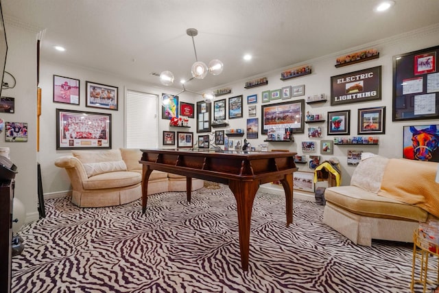 130 Grand Isle Dr Unit 1D, Hot Springs, AR 71913 - office with carpet floors, crown molding, baseboards, recessed lighting, and a chandelier