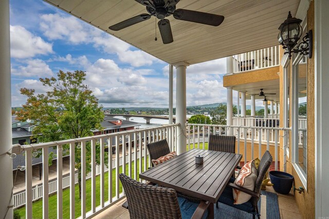 130 Grand Isle Dr Unit 1D, Hot Springs, AR 71913 - balcony featuring a ceiling fan, a water view, and outdoor dining space