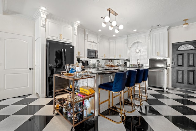 130 Grand Isle Dr Unit 1D, Hot Springs, AR 71913 - kitchen with freestanding refrigerator, light floors, ornamental molding, white cabinets, and recessed lighting