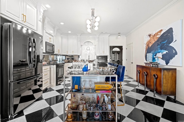 130 Grand Isle Dr Unit 1D, Hot Springs, AR 71913 - kitchen featuring black appliances, crown molding, white cabinetry, light floors, and recessed lighting
