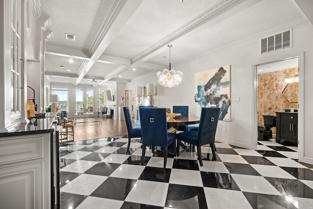 130 Grand Isle Dr Unit 1D, Hot Springs, AR 71913 - dining area featuring crown molding, beamed ceiling, coffered ceiling, baseboards, and a chandelier