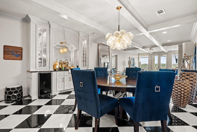 130 Grand Isle Dr Unit 1D, Hot Springs, AR 71913 - dining room with wine cooler, a chandelier, ornamental molding, beamed ceiling, and coffered ceiling