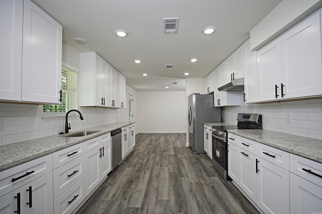 904 W Holland, White Hall, AR 71602 - kitchen with appliances with stainless steel finishes, a sink, under cabinet range hood, baseboards, and white cabinets