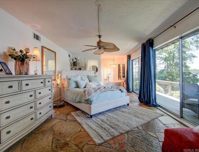 366-370 Restful Ridge Rd, Hot Springs, AR 71913 - bedroom featuring access to outside, a chandelier, and ceiling fan