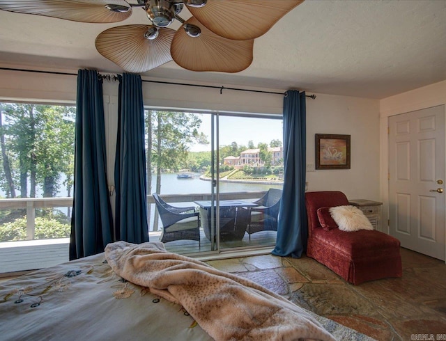 366-370 Restful Ridge Rd, Hot Springs, AR 71913 - bedroom featuring access to exterior, a water view, and stone tile flooring