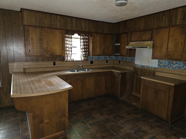 85 Bailey Rd, Morrilton, AR 72110 - kitchen featuring extractor fan, a sink, a textured ceiling, wood walls, and light countertops