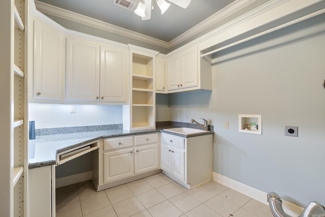 261 Peninsula Dr, Hot Springs, AR 71901 - laundry room featuring electric dryer hookup, light tile patterned flooring, washer hookup, crown molding, and ceiling fan